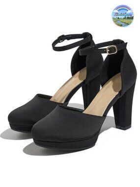 Women's Round Toe Block Heel Pumps Wide Fit Ankle Strap Faux Suede